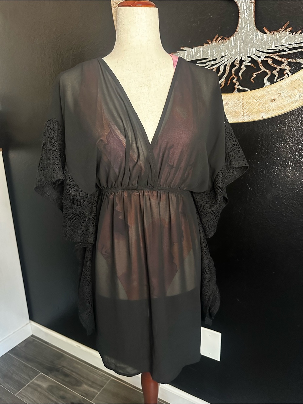 Xhilaration Sheer Black Lace-Trim Kimono Cover-Up